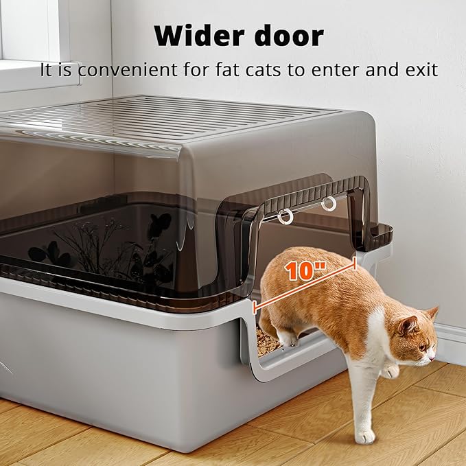 Oneluck Large Covered Cat Litter Box with Scoop and Transparent Lid, Non-Stick, Durable, Easy-Clean Pan for Multi-Cat Households,XL,Gray