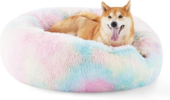 Bedsure Calming Dog Bed for Medium Dogs - Donut Washable Medium Pet Bed, Anti-Slip Round Fluffy Plush Faux Fur Cat Bed, Fits up to 45 lbs Pets, Multi-Colored, 30 inches
