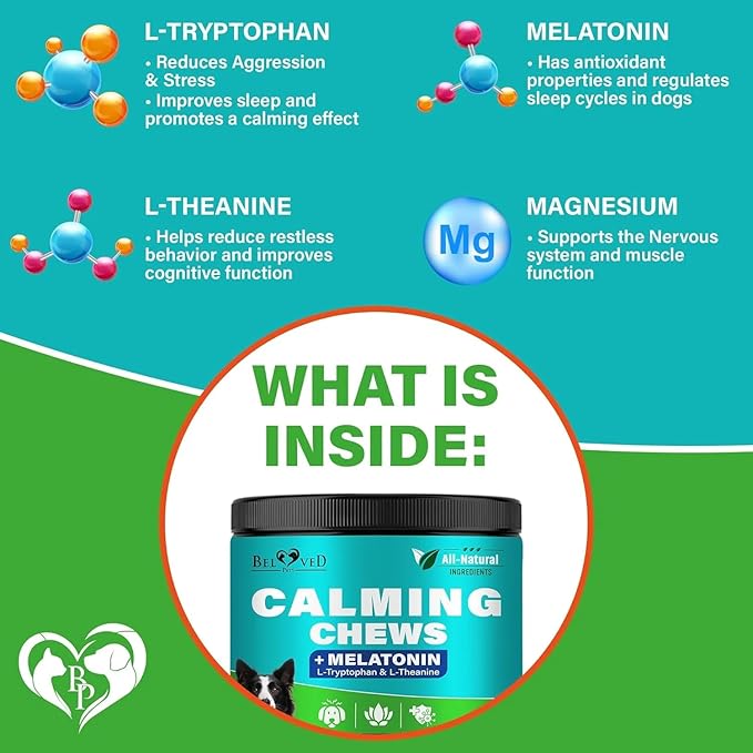 Beloved Pets Calming Chews for Dogs & Puppy - Pet Separation Anxiety Relief Soft Treats & Calm Behavior Aid - Melatonin for Sleep- Anti Stress Treatment Help with Thunder- Made in USA