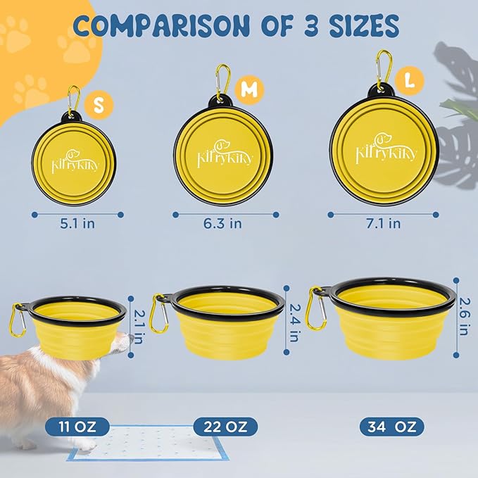 Large Collapsible Dog Bowls, 2 Pack 34oz Portable Travel Dog Bowls, Foldable Water Bowl for Dogs, Pet Feeding Watering Dish with Carabiner, Food Grade Silicone BPA Free(Yellow+Green, L)
