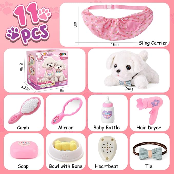 Golray Toy Dog for Kids Girls, Stuffed Dog with Heart Beat & Skeleton Transform, Sling Carrier & Toddler Girl Toy Kid Plush Puppy Pet Care Pretend Play Set, Birthday Gift for Girl 3 4 5 6 7 Years Old