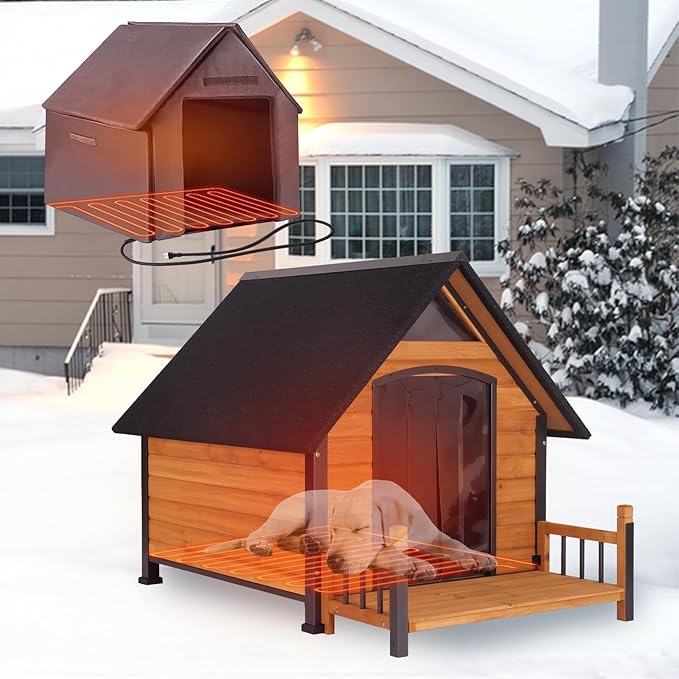 GUTINNEEN Heated Outdoor Dog House Insulated Weatherproof Dog Kennel with All-Around Metal Frame, Anti-Bite Puppy Home with Porch, Dog Shelter for Large Breed (Brown, 50.9'' Large)