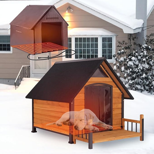 GUTINNEEN Heated Outdoor Dog House Insulated Weatherproof Dog Kennel with All-Around Metal Frame, Anti-Bite Puppy Home with Porch, Dog Shelter for Large Breed (Brown, 50.9'' Large)