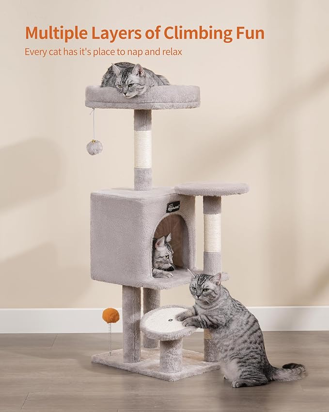 FourFurPets Small Cat Tree, Multi-Level Cat Tree for Indoor Cats, Cat Tower with Scratching Post, Cat Condo for Kittens, 39.4 inch, Light Gray