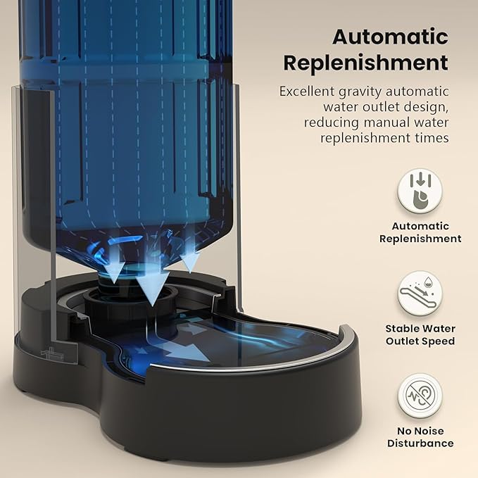 CZPET Automatic 4L/135Oz/1Gal Cat Water Dispenser with Stainless Steel Bowl, Gravity Waterer for Small Medium Dog Puppy Kitten (Black)