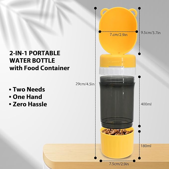 2-in-1 Pet Travel Water Bottle & Food Container - 14 oz Water + 6 oz Food Dispenser, Leak-Proof Portable Dog Water Bottle Bowl for Walking, Hiking, Camping Yellow