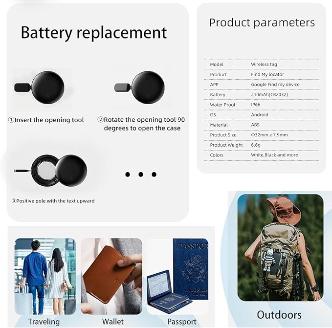 JieWeiXun Compatible Android Ultra-Thin Find My Device Tracker – IP66 Waterproof, 1-Year Battery, Global GPS Locator for Keys/Wallet/Luggage via Google Find My Network (BLK, 1 PCS)