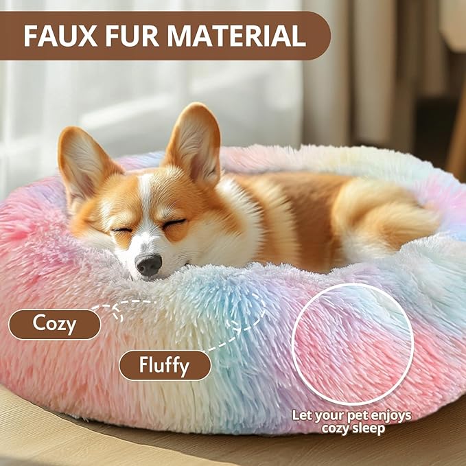 JOLLYVOGUE Calming Dog & Cat Bed for Small Dogs, Anti-Anxiety Donut Cuddler Cozy Soft Round Bed with Anti-Slip Bottom, Fluffy Faux Fur Plush Cushion Beds for Small Medium Dogs, 20"/Rainbow