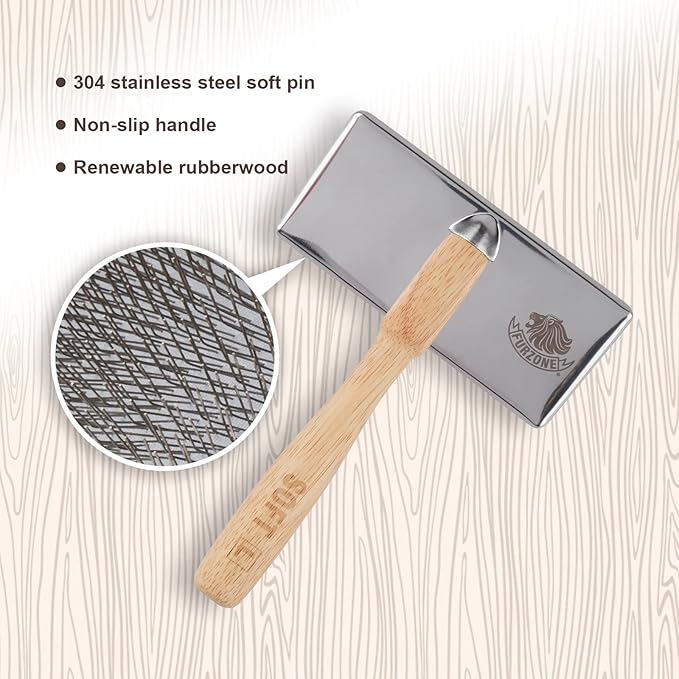 Wooden Slicker Brush - Stainless Steel Soft Pins for Pet Grooming (Size M)