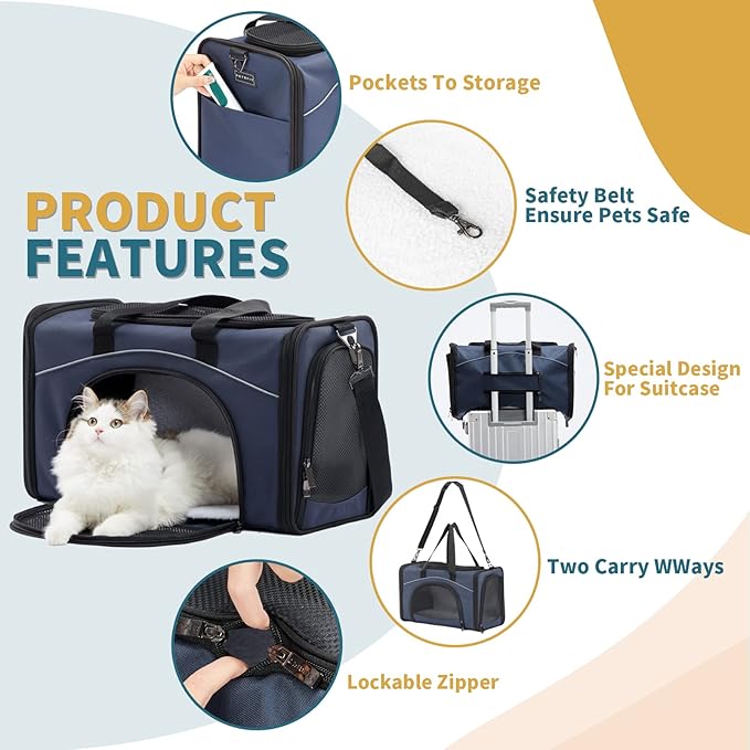 ‌Petsfit Airline Approved Pet Carrier for Small Dogs & Cats, 19x9x12 TSA Approved Carrier, with Removable Dual-Sided Padding (2-Way Placement) - Fits Under Most Airplane Seats, Escape Proof (Navy)