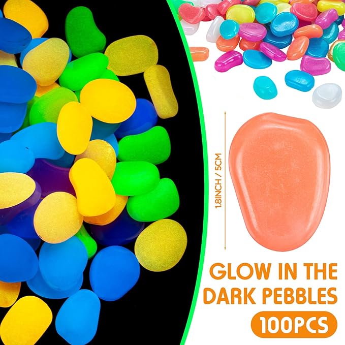 100 Pcs Glow in The Dark Rocks Glow in The Dark Pebbles Outdoor Fish Tank Rocks Aquarium Gravel Luminous Stones for Walkway Succulent Plant Halloween Decor(1.8 Inch,Multicolor)