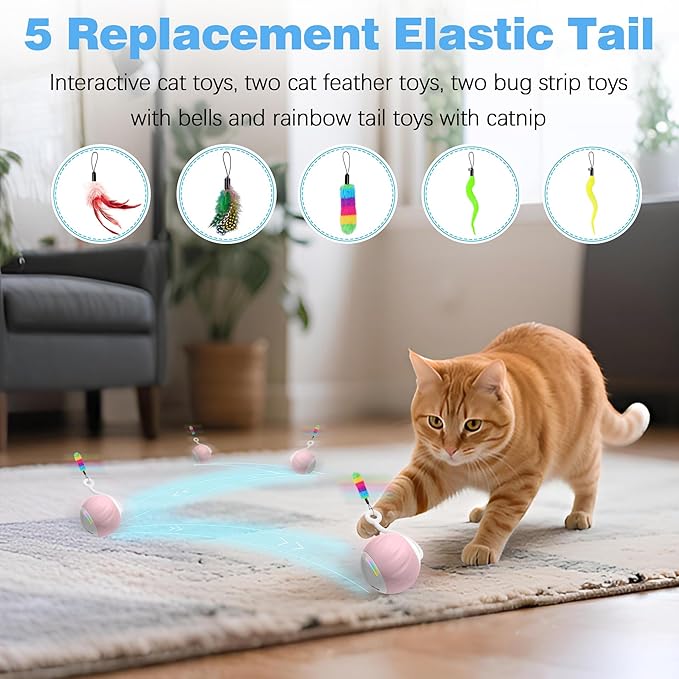 Cat Toys Interactive for Indoor Cats, Touch & Sound Smart Control - Fast slow 2 Speed Motion Activated Cat Ball Toy for Bored Cats With LED Lights, Feathers Tail, USB Charging Cable, 6in1 - Pink