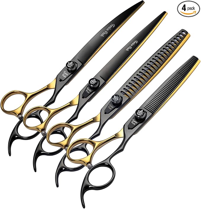 Fenice Peak 7'' Black and Gold Two-color Dog Grooming Scissors Set Straight Thinning Curved and Chunker Shears 4PCS Set with Pattern Screw and Ergonomic Offest Handle 440C Sharp and Durable