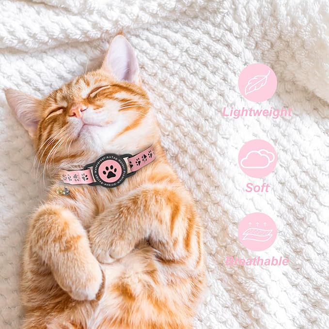 Airtag Cat Tracker Collar Waterproof - Airtag Cat Collar Breakaway - Smart Pet Activity Tracker - Breakaway Tractive with Reflective Pattern - Comfortable Padding, Adjustable (Pink)
