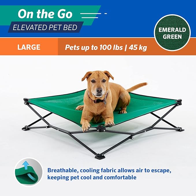 Coolaroo On-The-Go Elevated Dog Bed - Foldable Pop-Up Travel Dog Bed with Breathable, Moisture-Resistant Fabric, Carry Bag Included, Lightweight & Portable, Emerald Green, Large
