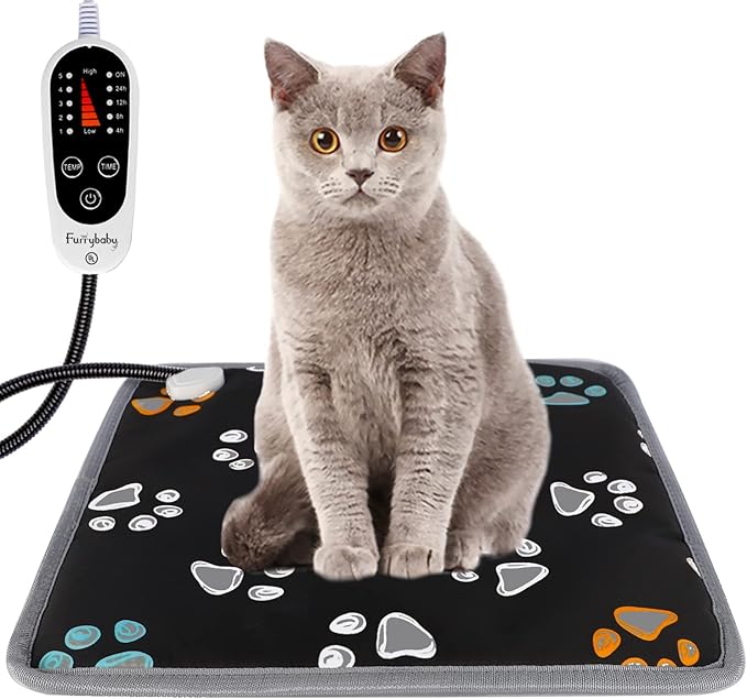 furrybaby Pet Heating Pad, Waterproof Dog Heating Pad Mat for Cat with Durable Anti-Bite Tube Indoor for Puppies Dogs Cats (1 Pack Black, 17 X 17in, Temp Adjustable)