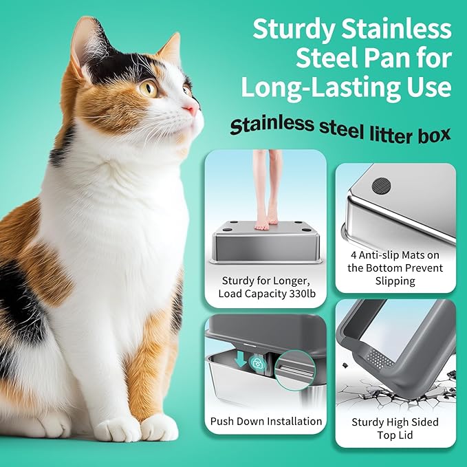 XL Cat Litter Box,24" Stainless Steel Litter Box,Large Big Cats,Extra Large Kitty 17" High Wall Sides Enclosure,Non-Sticky Easy Cleaning,Include Litter Scoop