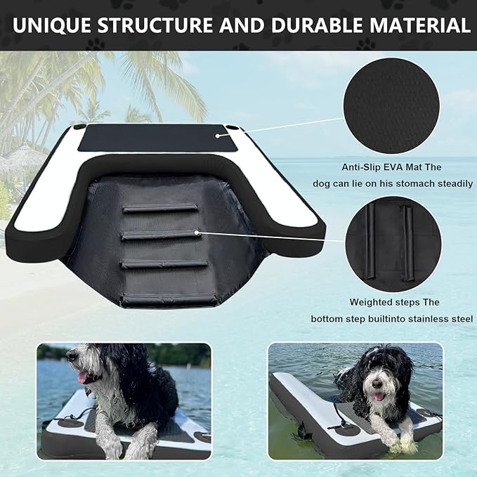 Inflatable Dog Water Ramp, Non-Slip Floating Dock Ladder for Pools, Boats & Lakes, Pool Ramp for Dogs Up to 200 Pounds, Black
