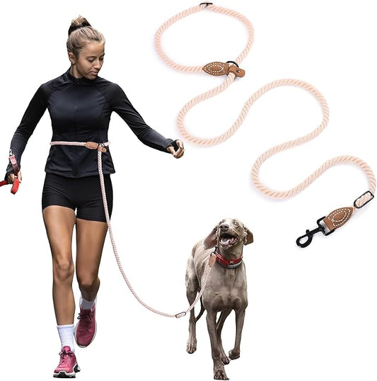 Mile High Life Hands Free Dog Leash, Crossbody Waist Leash with Genuine Leather Connection, Multifunctional Adjustable Slip Lead for Dog Walking Running (Light Brown, 8FT)