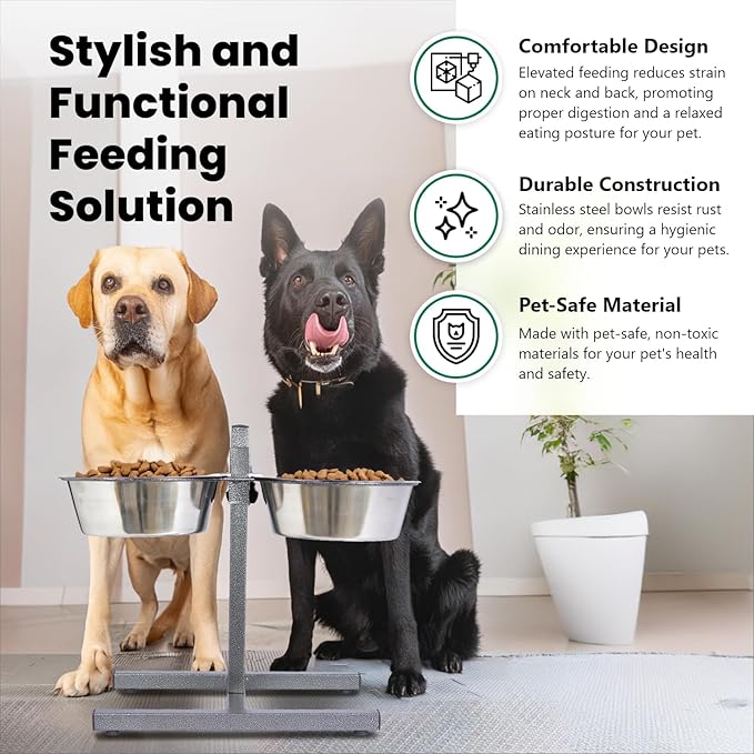 Iconic Pet Adjustable H-Design Double Diner - Non-Skid Rubber Base Noise Free Stable Dog Food Stand with 5 Quart/ 160 oz Stainless Steel Elevated Dog Food Bowls for Proper Growth & Digestion
