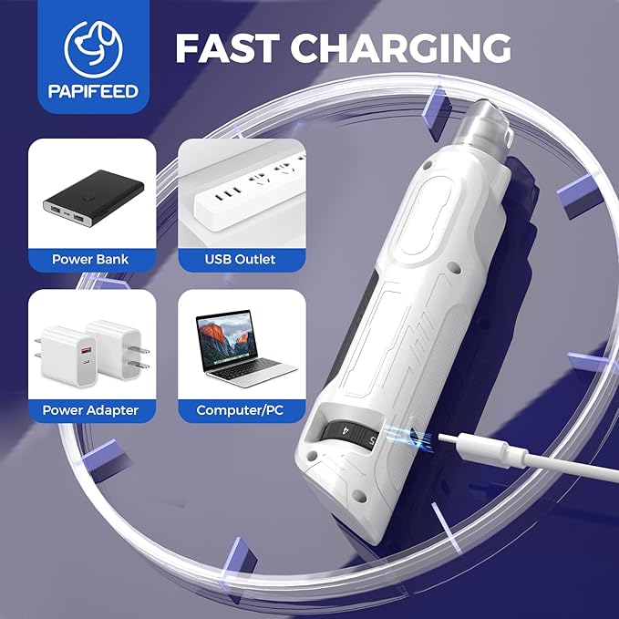 PAPIFEED High Torque Dog Nail Grinder Quiet - 6-Speed Adjustable Dog Nail Trimmers with 2 LED Lights & Dust-Proof Cover, Powerful Motor for Large/Medium/Small Dogs & Cats, Rechargeable - White Kit