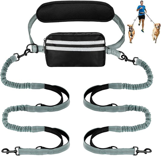Hands Free Dog Leash with Pouch, Double Leash for Two Dogs, Retractable Bungee with Double Padded Handles, Dog Waist for Dog Walking, Running for Dogs, Dog Walking Accessories