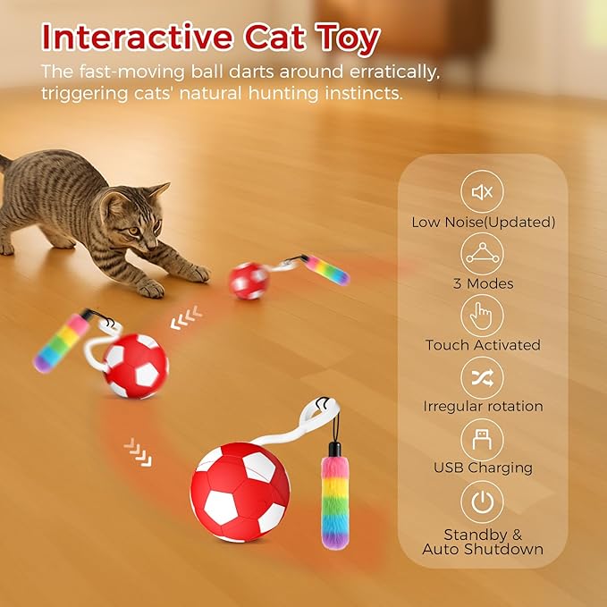 VIWIK Interactive Cat Toys for Indoor Cats, Automatic Motion Activated Kitten Ball Toy, Moving Stimulation Cat Toys for Bored Indoor Adult Cats, Low Noise Fast Rolling Moving Ball Red