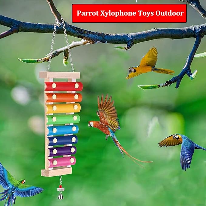 Large Parrot Suspensible Xylophone Toy, Multicolored Natural Wooden Bird Chewing Toys with Grinding Stone for Large, Medium Birds, Macaws, African Grey, Cockatoos, Amazon