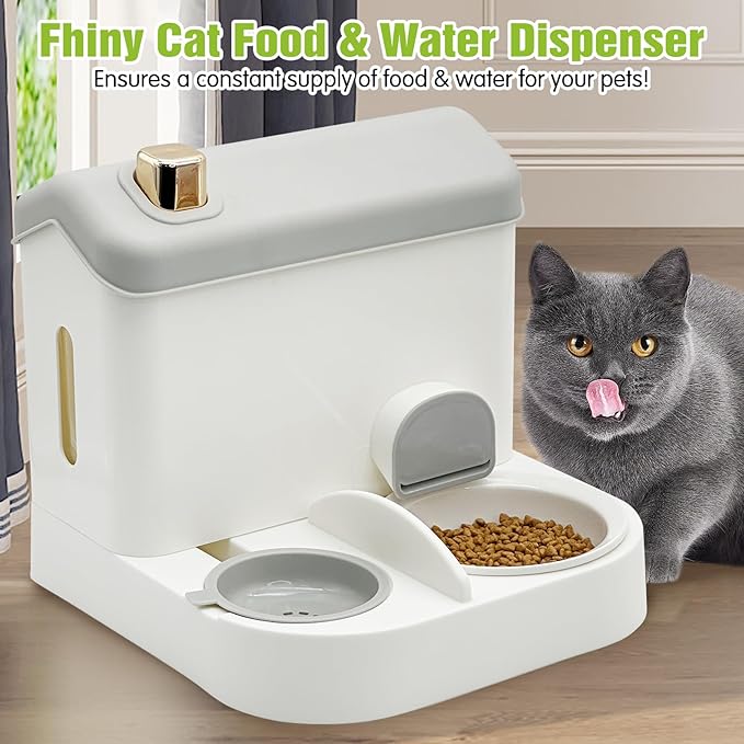 Fhiny Gravity Cat Feeder and Water Dispenser, 2 in 1 Gravity Feeder Cat Dry Food & Waterer Removable Ceramic Bowl Pet Food Storage Self Feeding Station for Indoor Cat Kitten Puppy Easy Clean (Grey)