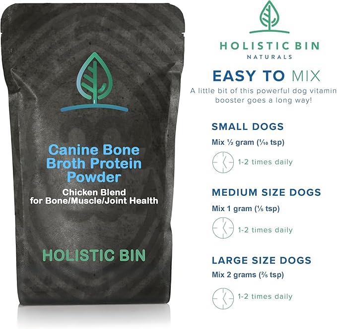 Holistic Bin Canine Chicken Bone Broth Protein Powder for Bone, Muscle & Joint Health - Nutrient-Rich Supplement for Dogs, Supports Mobility & Recovery, Grain-Free & Easy to Digest - 50 Grams