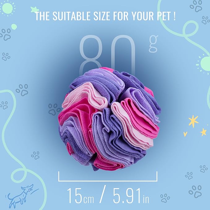 Pet Snuffle Ball, Puzzle Sniffing Interactive Dog Ball for Blind Dogs Training Stress Relief Dog Enrichment Toys Treat Machine Washable (15cm, Pink and Purple)