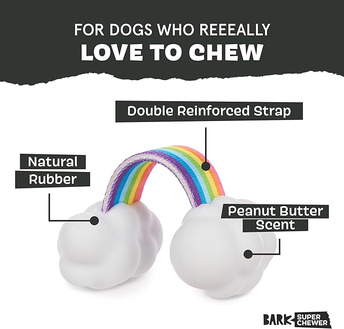 Barkbox Dog Toys – Toy G BIV Rainbow Super Chewer Tug Toy for Enthusiastic Chewers with Double Reinforced Strap and Tough Rubber Clouds – Small