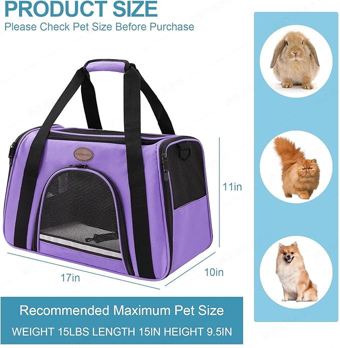 Cat Carrier Dog Carrier Pet Carriers for Medium Small Cats Dogs Puppies up to 15 Lbs,TSA Airline Approved Small Dog Cat Carriers Soft Sided,Collapsible Travel Puppy Carrier (Purple, Medium)