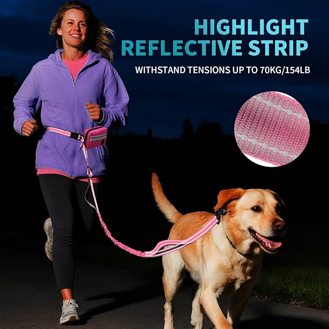Hands Free Dog Leash with Removable Zipper Pouch, Dual Padded Handles and Durable Bungee for Walking, Jogging and Running-Pink