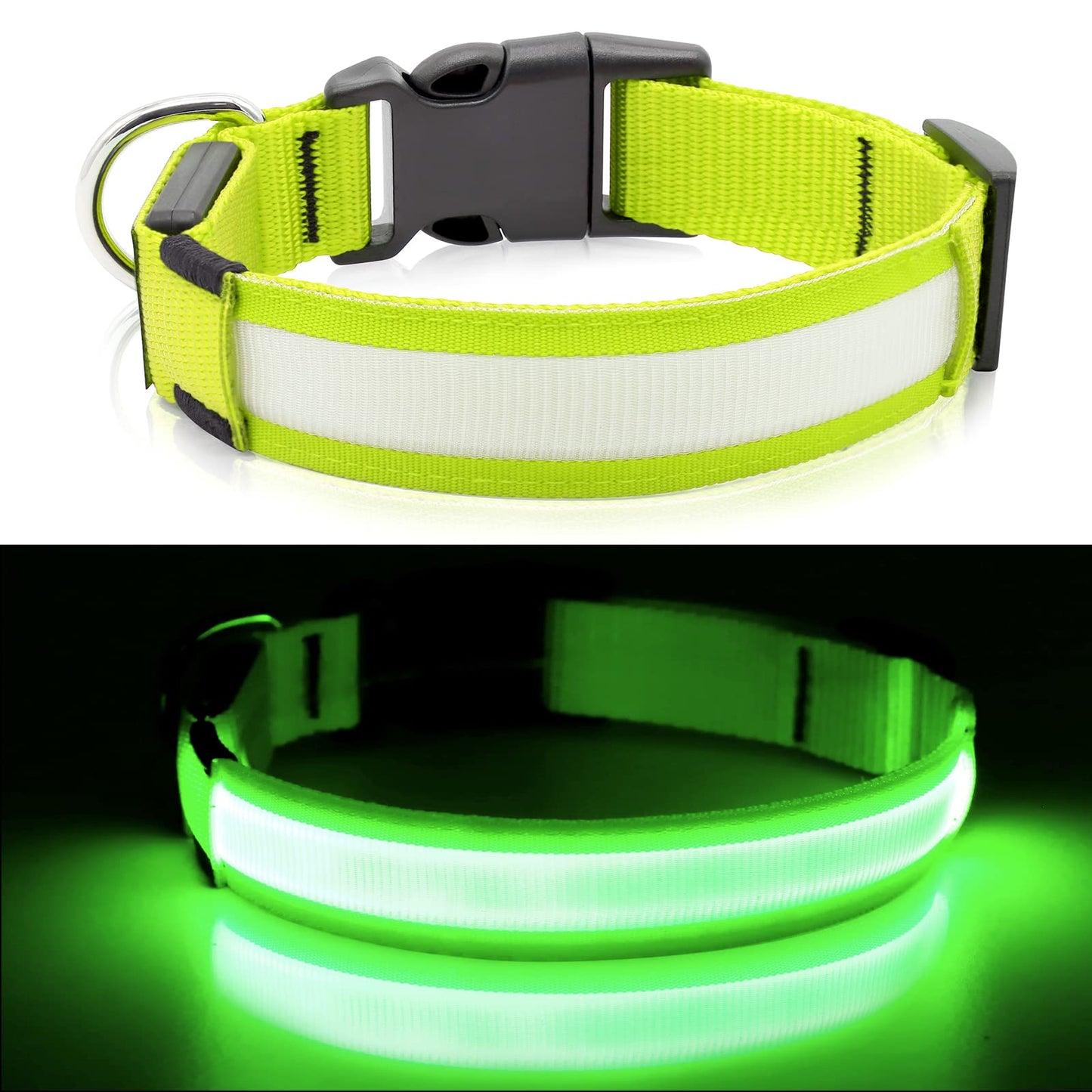 BSEEN Light Up Dog Collar, Rechargeable LED Dog Collar Reflective Pet Glow Collar Dog Lights for Night Walking (Neon Green, Medium)
