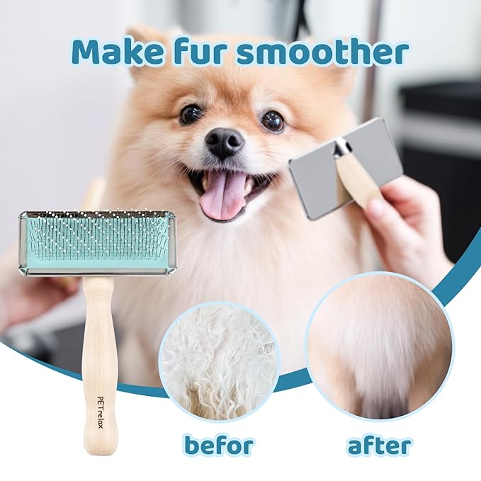 Pin Brush for Dog & Cat,Grooming Brush for Shedding, Dematting, Bath, for Long/Short Hair, Poodles, Indoor Cats, Wooden Handle, with Angled Stainless Steel Pins and Coated Tips