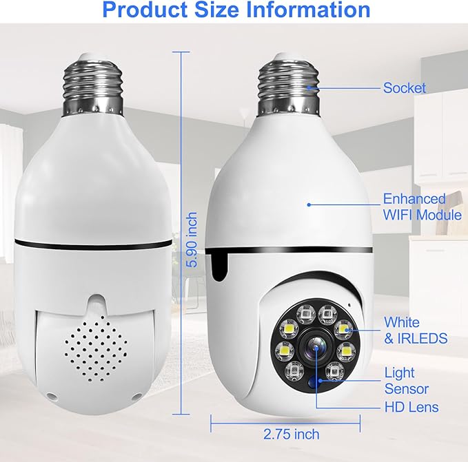 Light Bulb Camera 2 Pack,5g Dual Band Bulb Camera,WiFi 6 Light Bulb Camera Pack of 2, 2.4G/5G WiFi Light Bulb Camera, Home Secuirty Socket Camera,360 Degree Panoramic Camera 2pcs