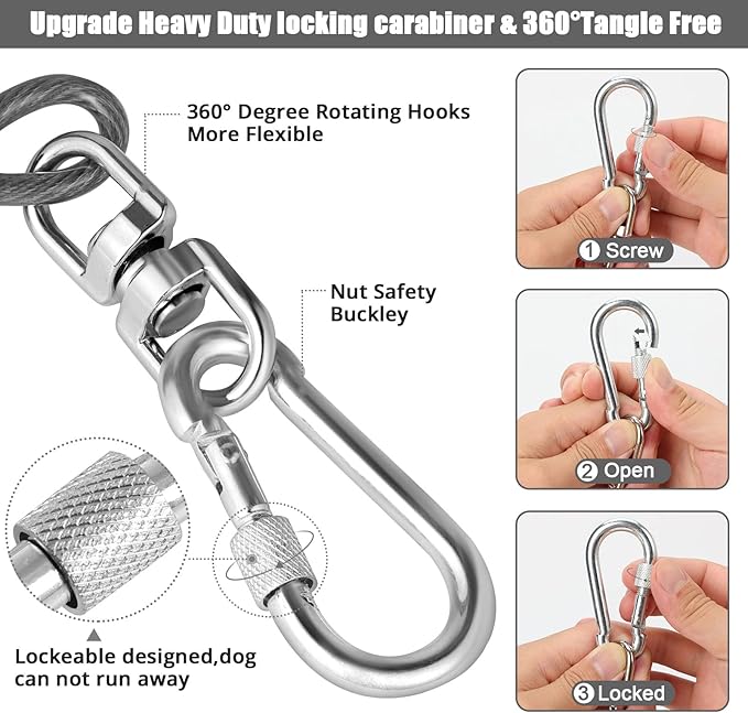 Jenico Dog Tie Out Cable - 10/15/20/30/40/50/70/100/150FT Runner Cable with Swivel Hook and Shock Spring, Outdoor Dog Leash Tether for Yard and Camping, Up to 500 LBS