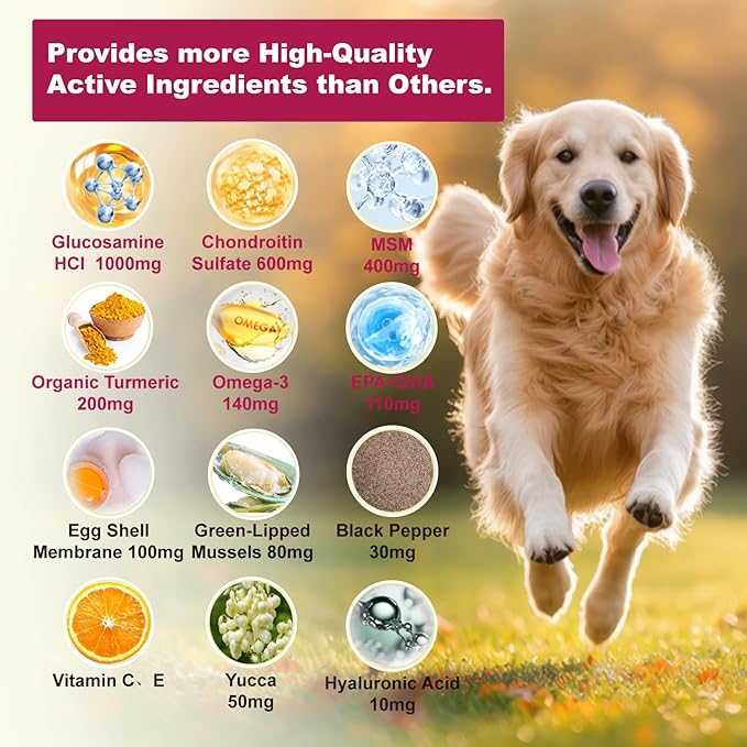 Advanced Dog Hip and Joint Supplement. 14 Active Ingredients, Glucosamine for Dogs Joint Health with Chondroitin, MSM, Turmeric, Omega 3. Joint Pain Relief Chews for Dogs of All Age Size Breed, 180pcs