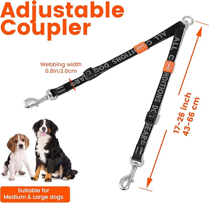 HOWGO Double Dog Leash, No Tangle 360° Swivel, Adjustable Two Padded Handles, Double Clip Dog Leash Coupler Splitter for Large and Medium Breeds (Mint Green, 4/5'' x 0.9 FT)