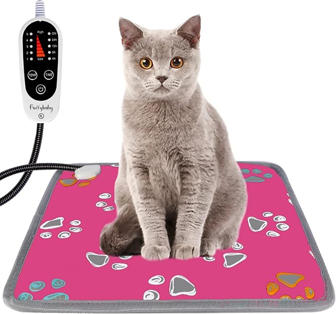 furrybaby Pet Heating Pad, Waterproof Dog Heating Pad Mat for Cat with Durable Anti-Bite Tube Indoor for Puppies Dogs Cats (1 Pack Pink, 17 X 17in, Temp Adjustable)