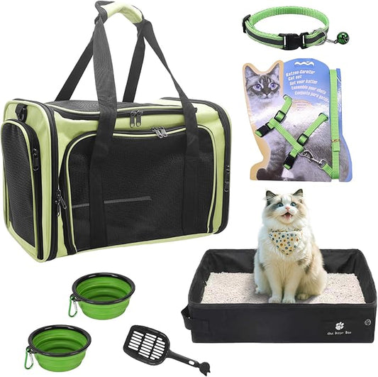Cat Carrier Soft-Sided & Folding Cat Travel Litter Box, Fit for Pet Up to 20Lbs, 17.7' * 11.8 * 11.8 inches Cat Bag for Traveling & Camping， Green Cat Travel Carrier Kit