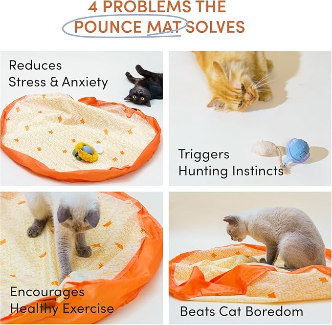 Pounce Mat Interactive Cat Toy – Indoor Hunting Game by Paw Paw | Hide & Seek Moving Ball, Motion-Activated Rolling Ball with Bunny Ears & Mouse Tail, 2-in-1 Play Mat