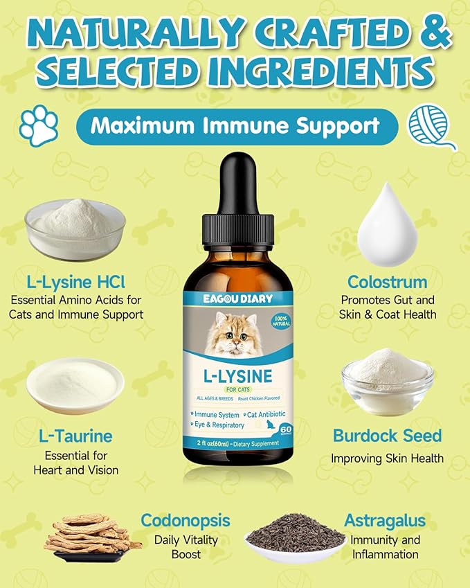 L-Lysine for Cats,Lysine Drops Immune Support Supplement,Sneezing,Cold,Allergy Relief,Runny Nose,Feline Respiratory,Natural Antibiotics for Cats with Colostrum,Taurine (Roast Chicken Flavor/2floz)