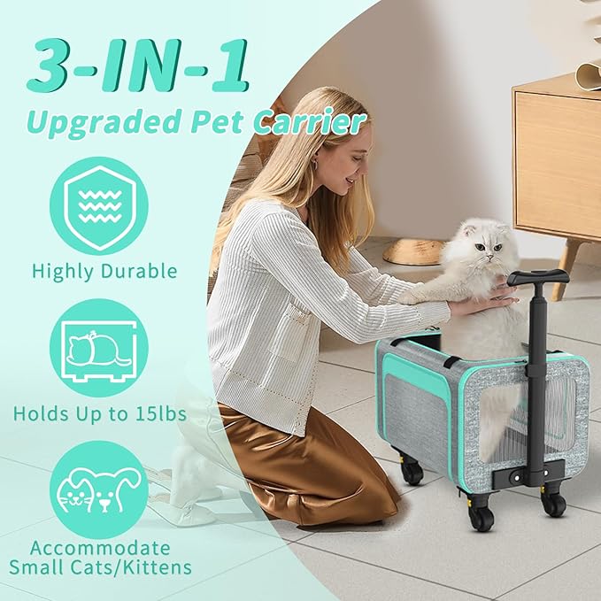 3-in-1 Upgraded Pet Carrier with Wheels, 18" x 11" x 11" TSA Airline Approved, Cat Carrier on Wheels for Small Cats Up to 15Lbs, Rolling Pet Carrier, Cat Soft-Sided Bag for Flying, Travel & Vet