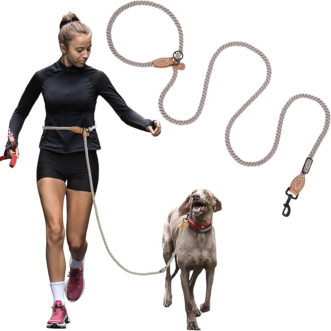 Mile High Life Hands Free Dog Leash, Crossbody Waist Leash with Genuine Leather Connection, Multifunctional Adjustable Slip Lead for Dog Walking Running (Camel, 7FT)
