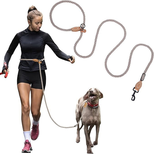 Mile High Life Hands Free Dog Leash, Crossbody Waist Leash with Genuine Leather Connection, Multifunctional Adjustable Slip Lead for Dog Walking Running (Camel, 8FT)