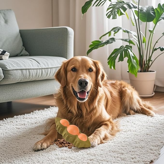 Interactive Treat Dispensing Dog Toy, Durable Rubber Dog Enrichment Toys, Teeth Cleaning Chew Toy for Small Medium Large Breeds, Green Soybean Shape