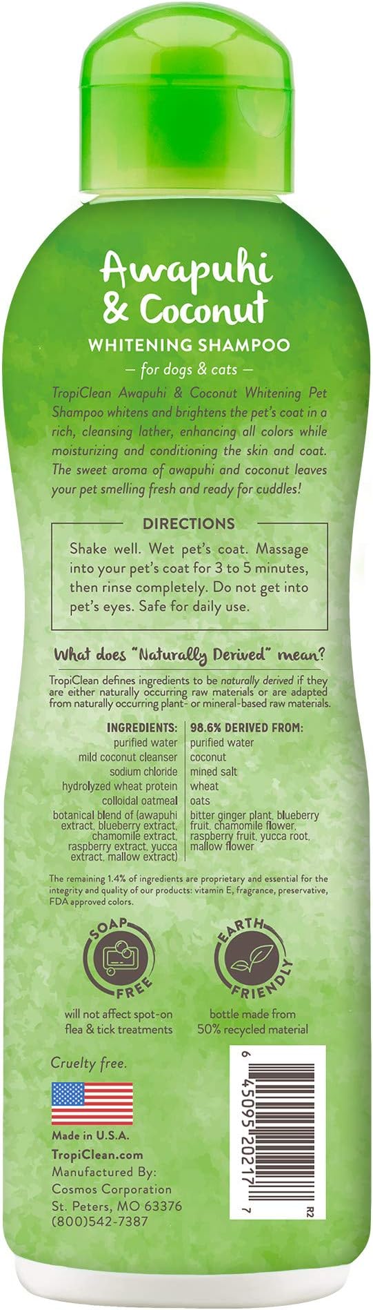 TropiClean Whitening Dog Shampoo, Whitening & Brightening, For All Coat & Color Types, Puppy Safe, Made in the USA, Cat Friendly, 20oz.