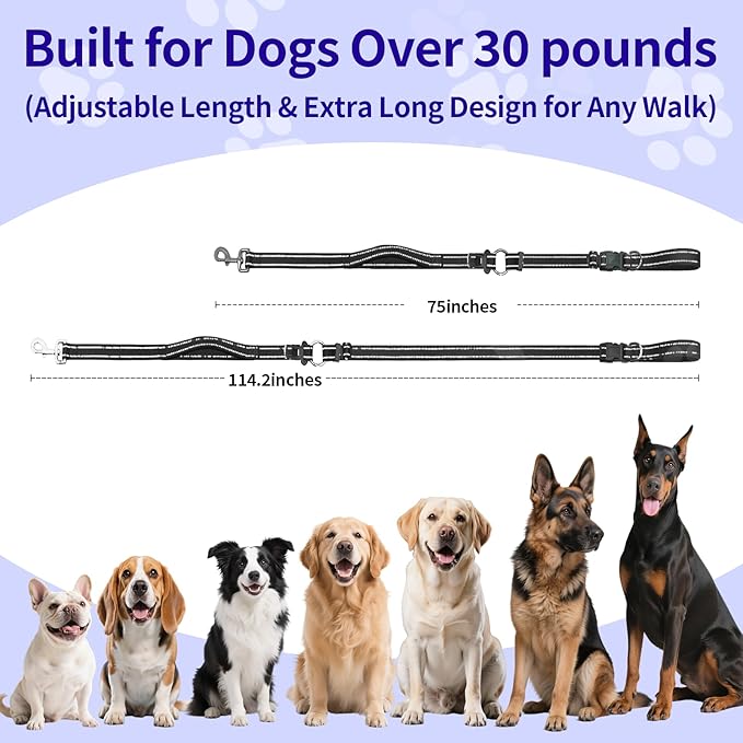 Hands-Free Dog Leash with Adjustable Length 6-9FT + Dual Padded Handles Reflective Safety for Walking, Jogging & Training | Suitable for Medium to Large Dogs & Puppies Black-L